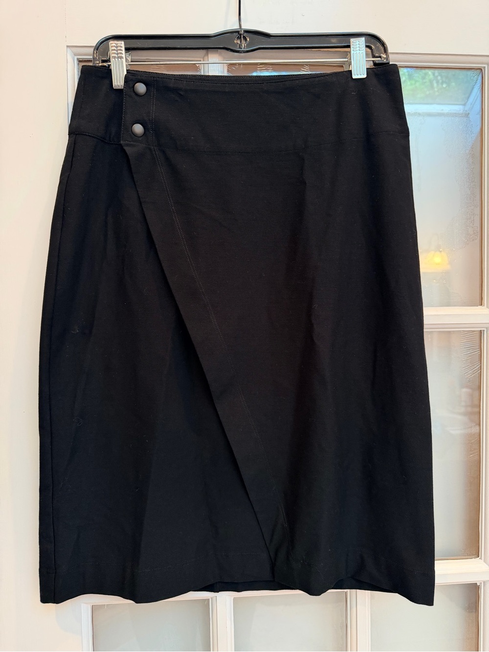 Eileen Fisher Minimalist Skirt Wrap Black Stretch Crepe Snap Closure Size XS